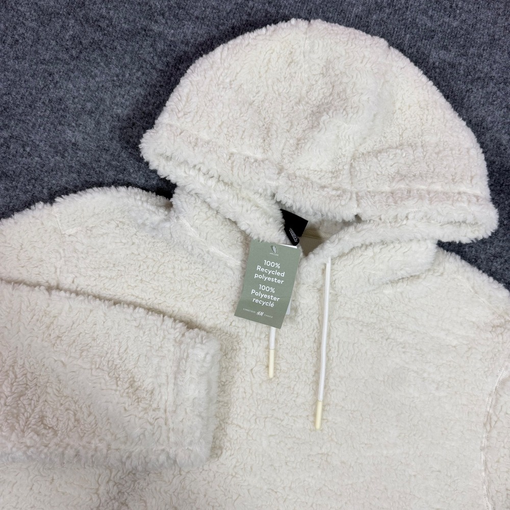 H&M Relaxed Fit Sherpa Hoodie Fleece Women Medium Cream Recycled Polyester NWT